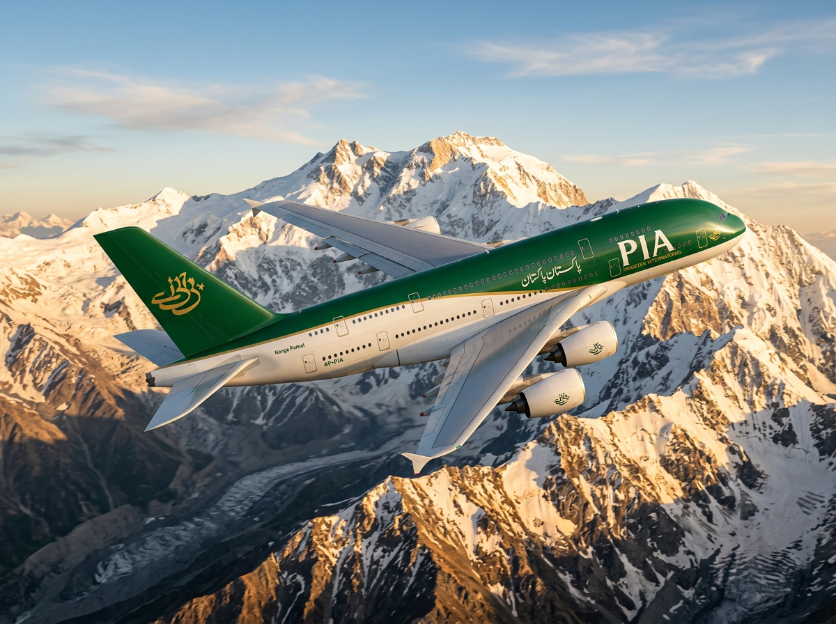 PIA Airbus A380 heritage livery mockup against Nanga Parbat mountains